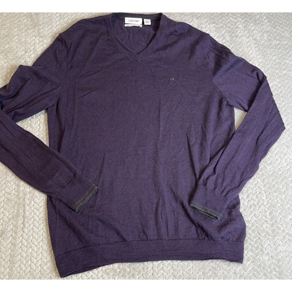 Calvin Klein Sweater Mens Size XL 100% Extra Fine Merino Wool Pull Purple‎